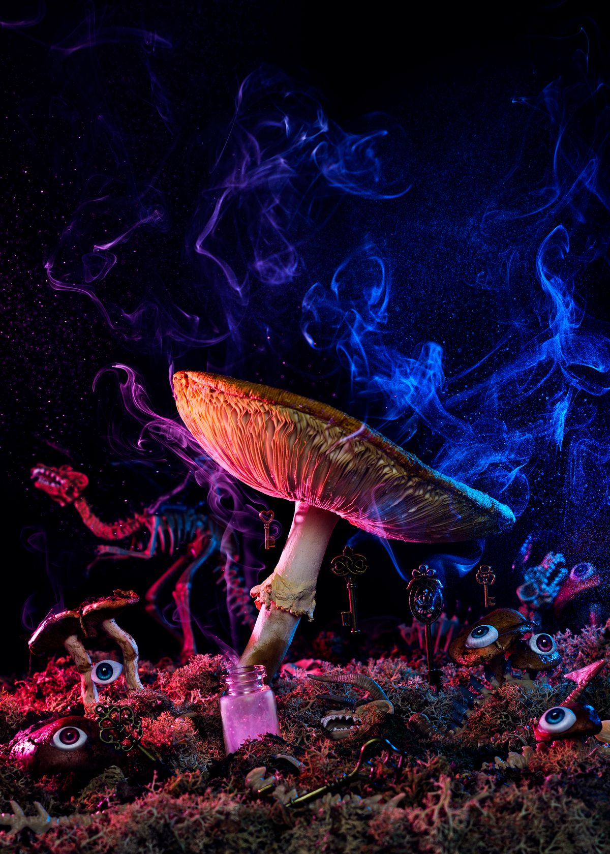 What was your favorite childhood book? Mine definitely wasn't "Alice's Adventures in Wonderland". In my imagination I preferred to travel among the stars, fight space pirates, saving princesses and discovering new planets, but sometimes I had to come back to Earth, which was very boring and then along came Alice to show me one more doorway to escape from the reality. And that's why on the day I found a giant mushroom in the forest, I decided to go back into my childhood, into Wonderland and recreate the feeling that everything is possible and the doorway in my own Wonderland is still open. I used stabalized moss, some mushrooms I made from polymer clay to make this photo. All the special effects are real and they were created in realtime using black wire and aroma stick.