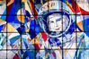 A stained-glass window with a portrait of Valentina Tereshkova in The New Cultural and Educational Center with Planetarium.