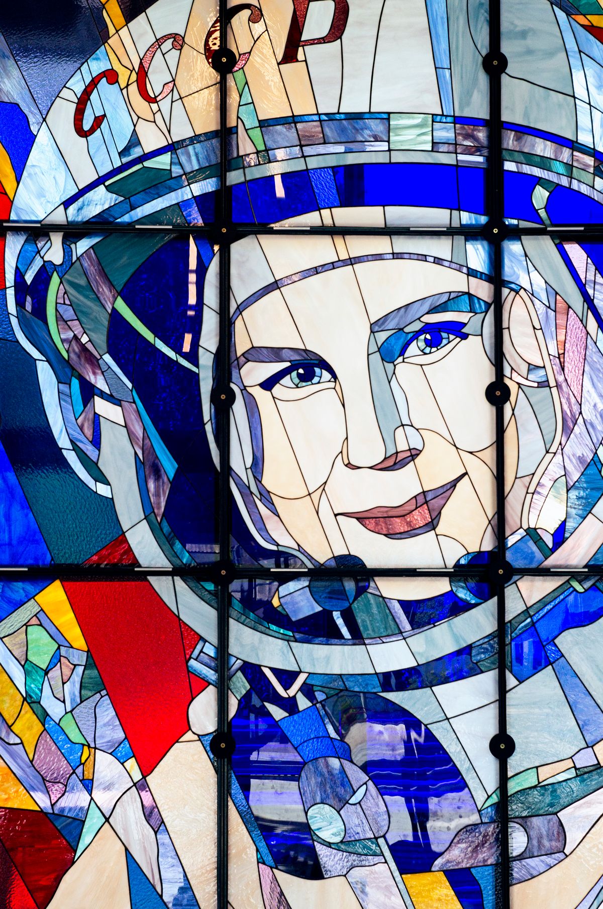 A stained-glass window with a portrait of Valentina Tereshkova in The New Cultural and Educational Center with Planetarium.